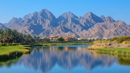Fototapeta premium Panoramic view of a tranquil lake reflecting mountains and golf course.