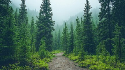 Fototapeta premium Path through misty conifer forest.