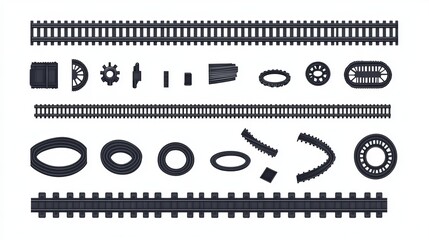 Obraz premium Top View of Railroad Segments: Straight, Waved Tracks, Circular and Oval Frames in Vector Illustration