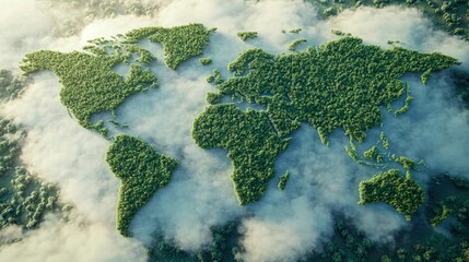 World map made of green forest, top view, clouds in the sky, natural colors, natural light, natural style, eco-friendly concept, global environmental protection idea, natural environment, forest