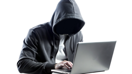 A hacker in black hoodie is working on his laptop isolated on white background PNG.AI GENERATED