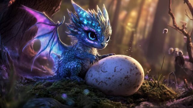 horizontal video of a cute blue dragon moving, next to the egg it hatched from.