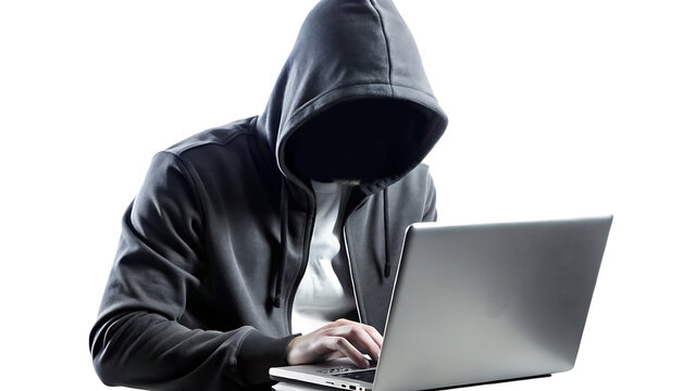 A hacker in black hoodie is working on his laptop isolated on white background PNG.AI GENERATED