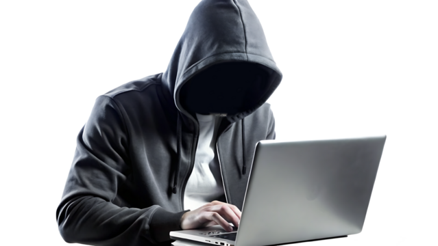 A hacker in black hoodie is working on his laptop isolated on white background PNG.AI GENERATED - Powered by Adobe