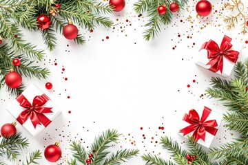Festive Christmas arrangement featuring red ornaments, lush pine branches, and gift boxes with bows on a white background, holiday concept. Ai generative