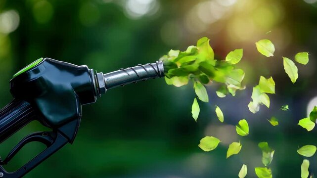 horizontal video where A gas pump is spewing green leaves. The leaves are falling from the pump and are scattered around it