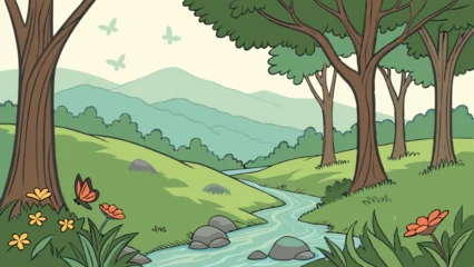 Fototapete Rund Vector Illustration of a Serene Mountain Landscape with River © Rabea