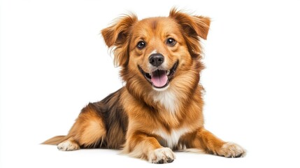 Fototapeta premium Happy mixed breed dog sitting isolated on white background.