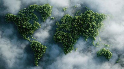 World map made of lush green forest, aerial view with misty clouds above, top-down perspective
