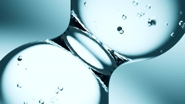 Macro shot of drops of pure fresh melt mountain water with tiny air bubbles, the drops are moving and merging into a large water sphere on a bright light blue background