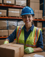 Female warehouse worker wearing safety gear organizing packages in a storage facility