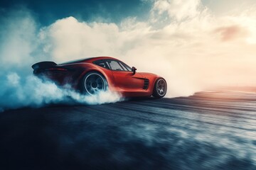 Dynamic sports car executing burnout or drift on race track with smoke and heat for banner display