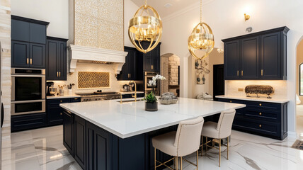 A luxurious modern kitchen with navy blue cabinetry, gold pendant lighting, and an elegant island, combining contemporary design with chic, upscale finishes


