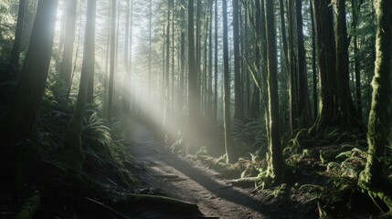 Obraz premium Sunbeams illuminate a misty forest path.