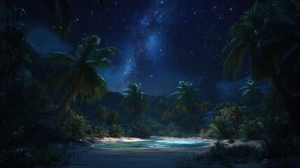 Starry night sky over tropical beach with palm trees and lagoon.
