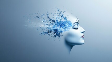 Abstract representation of a serene face with flowing blue elements.