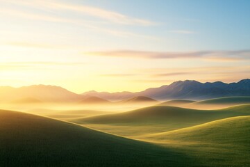 Fototapeta premium Tranquil Dusk Landscape with Rolling Hills and Distant Mountains Bathed in Warm Golden Glow