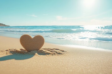 Heart shape crafted in sand on a sunny beach beside clear seawater waves for romantic getaways