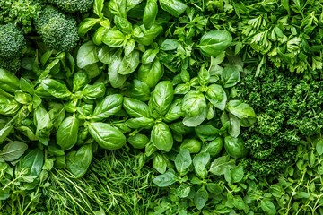 Fresh Vibrant Green Herbs Arranged Together as Cooking Ingredient Background