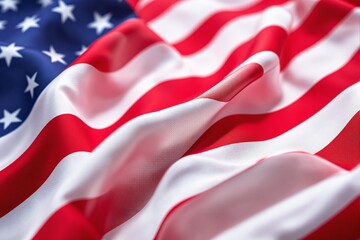 The image shows a detailed close-up of the American flag, highlighting its folds and vibrant colors on a soft background. Concept of patriotism. Ai generative