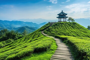 A hill covered with green tea plantations, there is an ancient Chinese pavilion on the top of it and wooden paths leading to that temple, the distant view includes mountains and blue sky in spring,