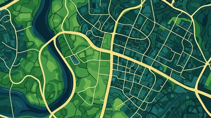 A vibrant and abstract map illustration featuring winding rivers, green landscapes, and an intricate network of roads.