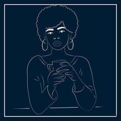 African American girl drinking coffee or tea in a cafe. Line art on a dark background.