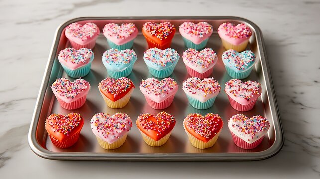 A tray of colorful heart-shaped cupcakes with sprinkles and frosting