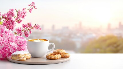 A cozy morning scene with coffee, cookies, and blooming flowers.