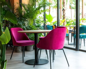 Fototapeta premium A cozy cafe setting featuring vibrant pink chairs, a round table, and lush greenery, creating a refreshing atmosphere.
