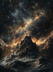 A lone figure stands atop an epic mountain peak, gazing at the vast expanse of stars above, symbolizing personal achievement and strength under extreme conditions. The backdrop is a breathtaking night