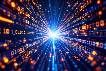 Glowing binary numbers in orange and blue cascading through a digital tunnel on a dark background, creating a futuristic data flow concept. Ai generative