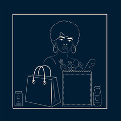 Line Art African American Woman with Curly Hair and Grocery Bags Containing Healthy Produc