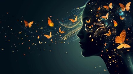Fototapeta premium Double exposure of beautiful woman and bright orange butterflies on isolated dark background. Girl's face template in profile with summer texture. The concept of female beauty, unity with nature 