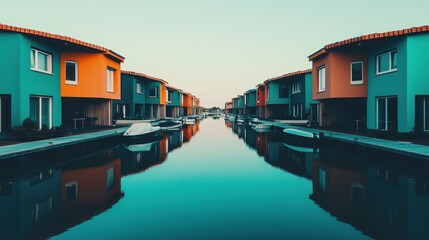 Colorful houses line a calm canal, reflecting in the still water at dawn.