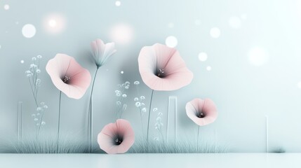 Pastel pink flowers on a light blue background with bokeh effect.