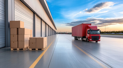 Efficient delivery with red truck and stacked boxes at warehouse