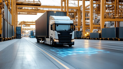 Autonomous truck navigating modern cargo terminal with containers
