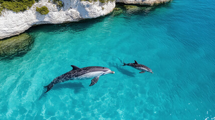 Obraz premium Dolphins swimming in clear turquoise water near rocky coastline