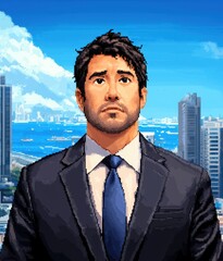 Fototapeta premium Confident Businessman in Suit Pixel Art Cityscape Background