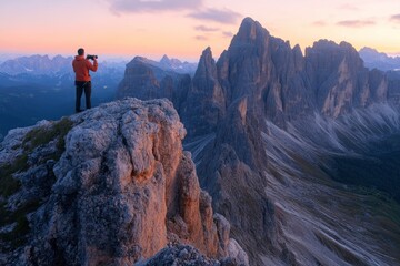 Fototapeta premium A man standing on top of the mountain, overlooking distant mountains and sky at sunrise with copy space text. Horizontal shot, wide-angle lens, natural lighting, best quality, realistic photo,
