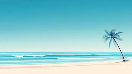 Serene tropical beach scene with a single palm tree and gentle ocean waves under a clear blue sky.