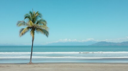 Obraz premium Single palm tree on sandy beach, ocean waves, and distant mountains under a clear blue sky.