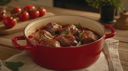 Red casserole dish filled with savory meat and tomato stew, garnished with herbs, on rustic wooden table.