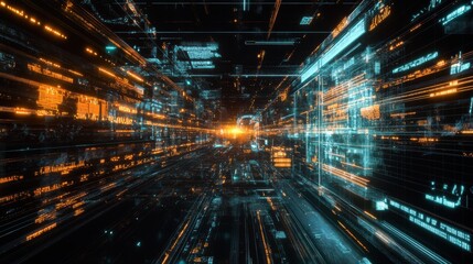 Fototapeta premium A futuristic visualization of financial growth, with dynamic graphs and economic trends displayed in a digital network 