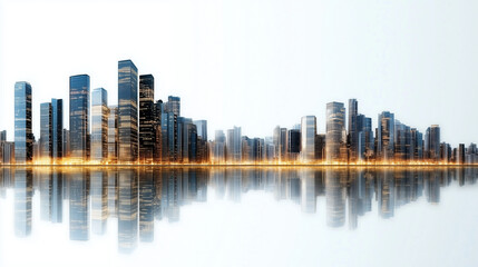 Fototapeta premium Modern city skyline with reflective water surface at dusk