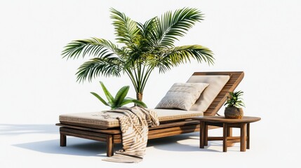 Fototapeta premium Wooden chaise lounge with cushions, side table, and tropical plants on white background.
