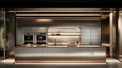 Modern minimalist kitchen with stainless steel island, built-in appliances, and warm lighting.