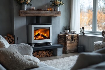 Fototapeta premium Elegant stove and white fireplace in contemporary living room with grey walls, sofa with flowers, wooden trunk, and cozy ambiance.