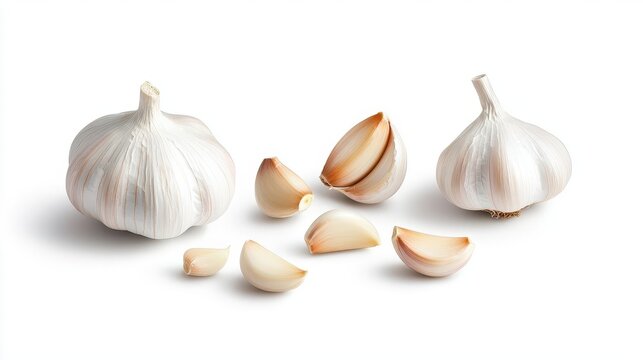 Whole garlic cloves and peeled garlic cloves isolated on white background
